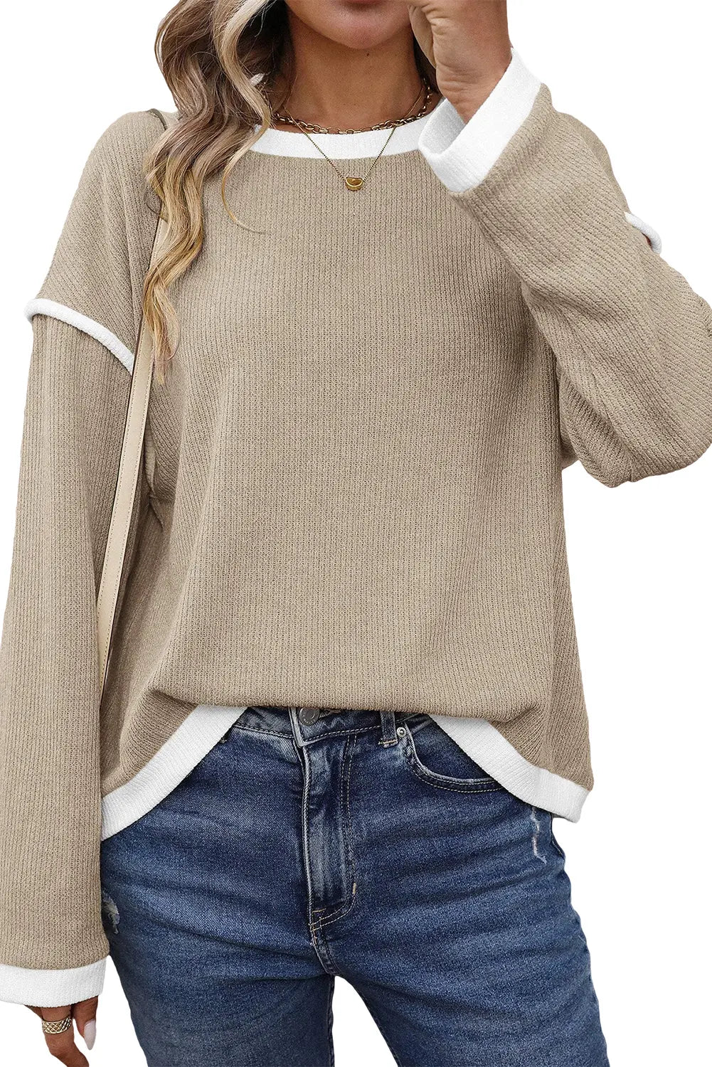 Contrast Colour Trim Knit Drop Shoulder Top
