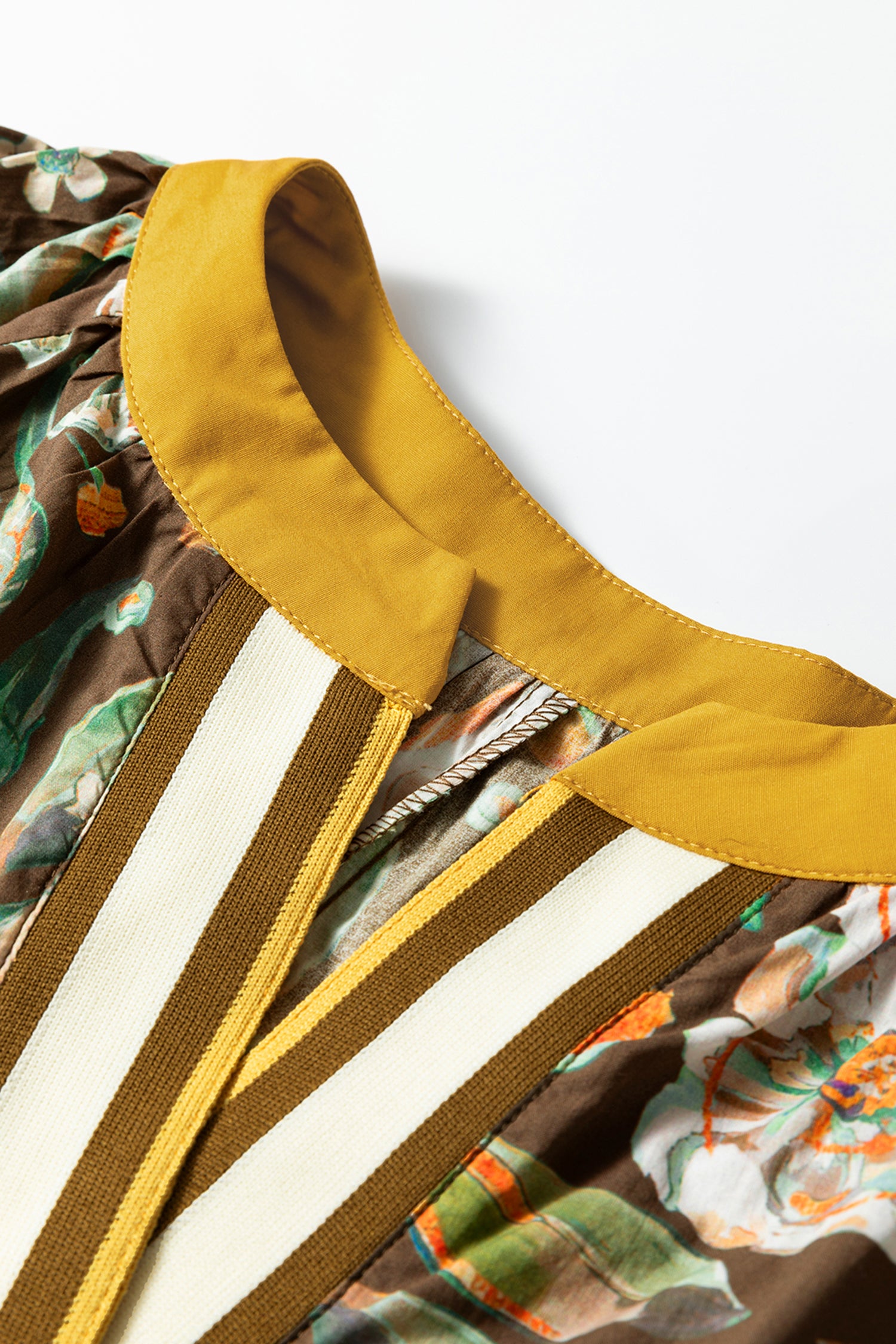 Brown Floral Print Contrast Trim V-Neck Pocketed Long Sleeve Mini Dress