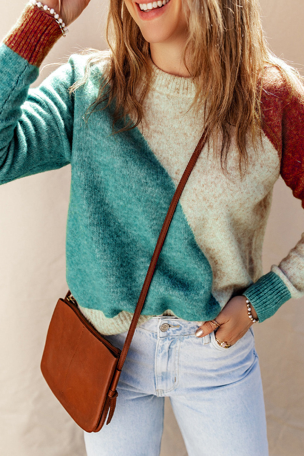 MultiColour Colourblock Ribbed Trim Round Neck Sweater eAura