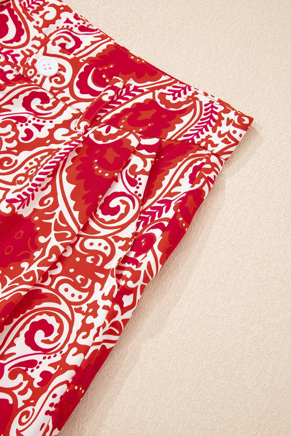 Red Paisley Printed Buttoned High Waist Straight Leg Trousers eAura