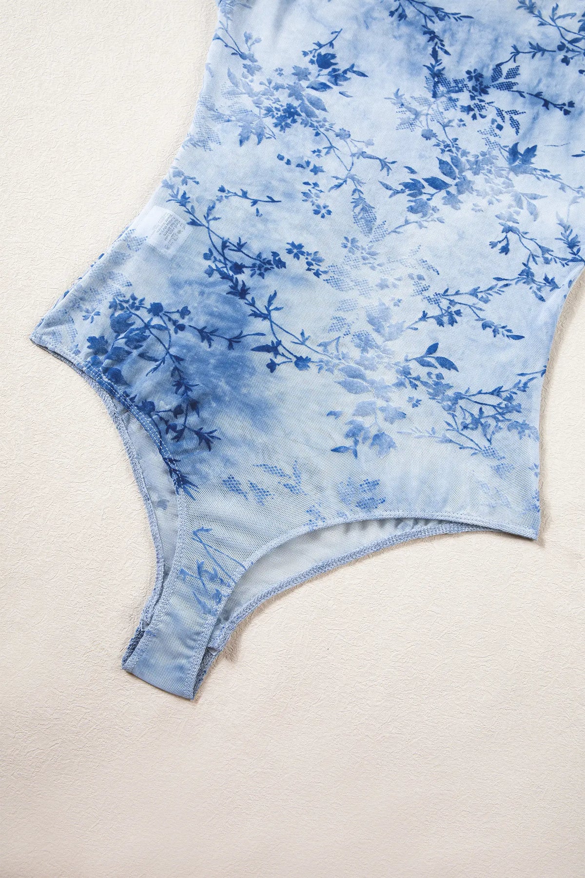 Sky Blue Sheer Mesh Floral Printed Mock Neck Long Sleeve Bodysuit – Light Blue