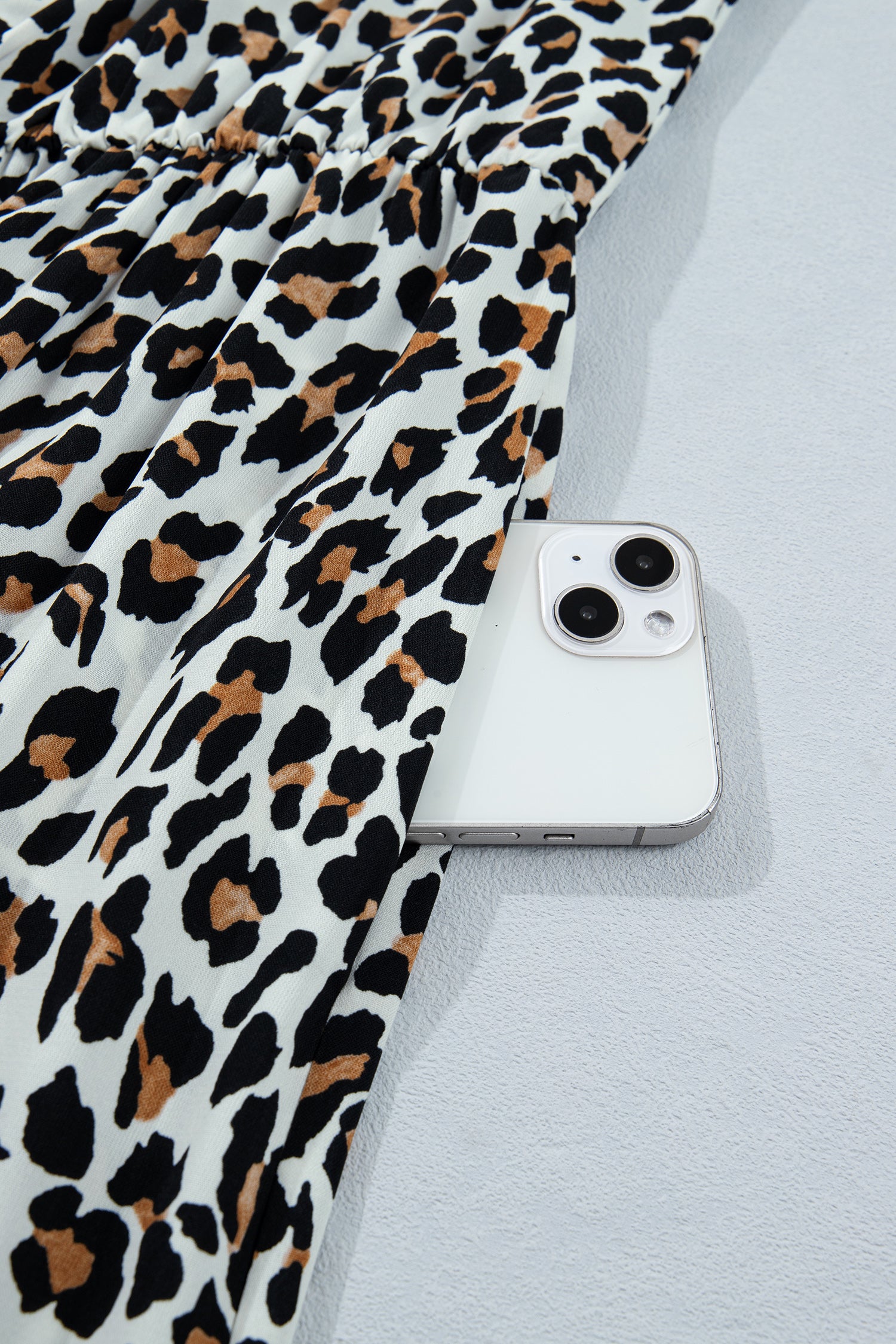 Leopard Print Colorblock Trim Sleeveless Midi Dress – White