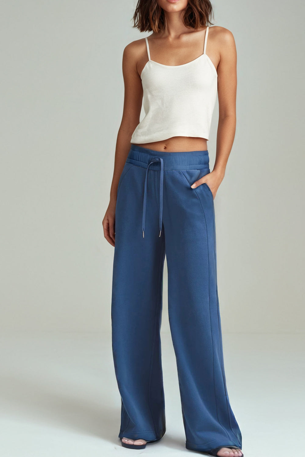 Sail Blue Drawstring High Waist Wide Leg Pocketed SweatTrousers eAura