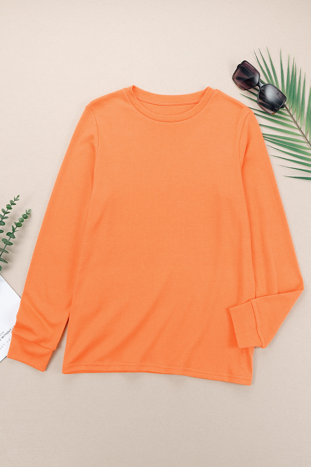 Orange Plain Crew Neck Long Sleeve Top eAura