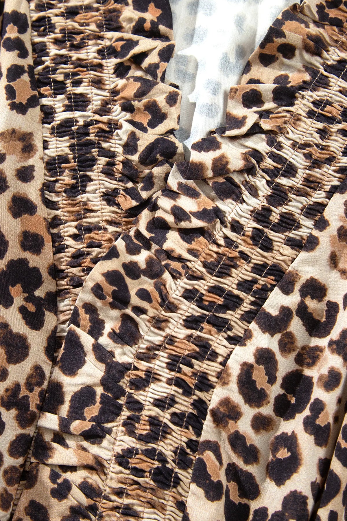 Leopard Print V Neck Long Sleeve Gathered Waist Plus Size Dress – Brown