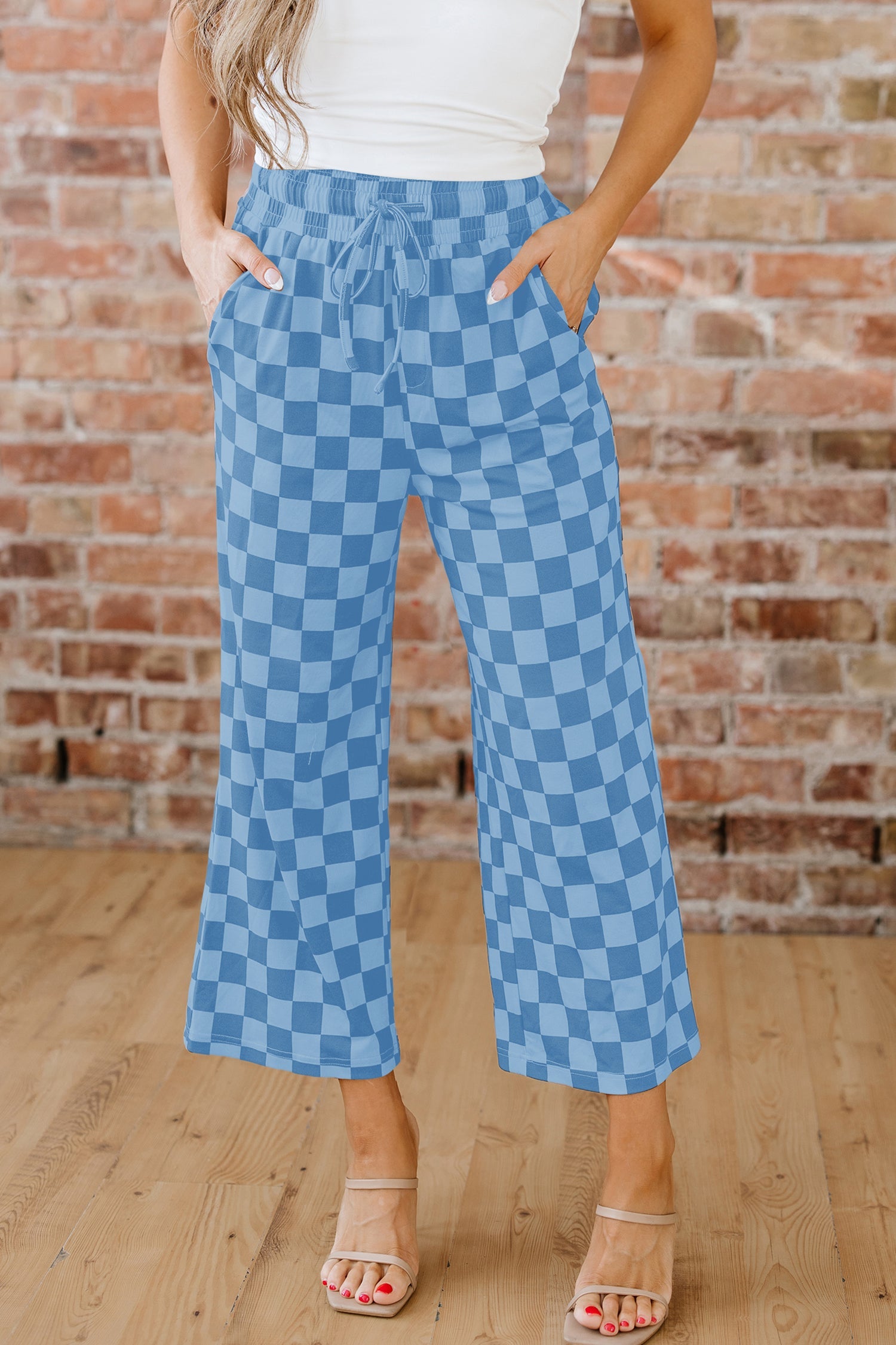 Checkered Elastic High Waist Loose Casual Trousers - Bottoms/Pants & Culotte
