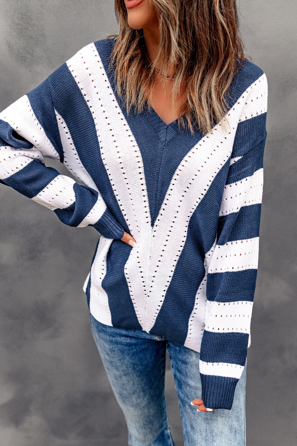 Blue Striped Colourblock V Neck Knitted Sweater eAura