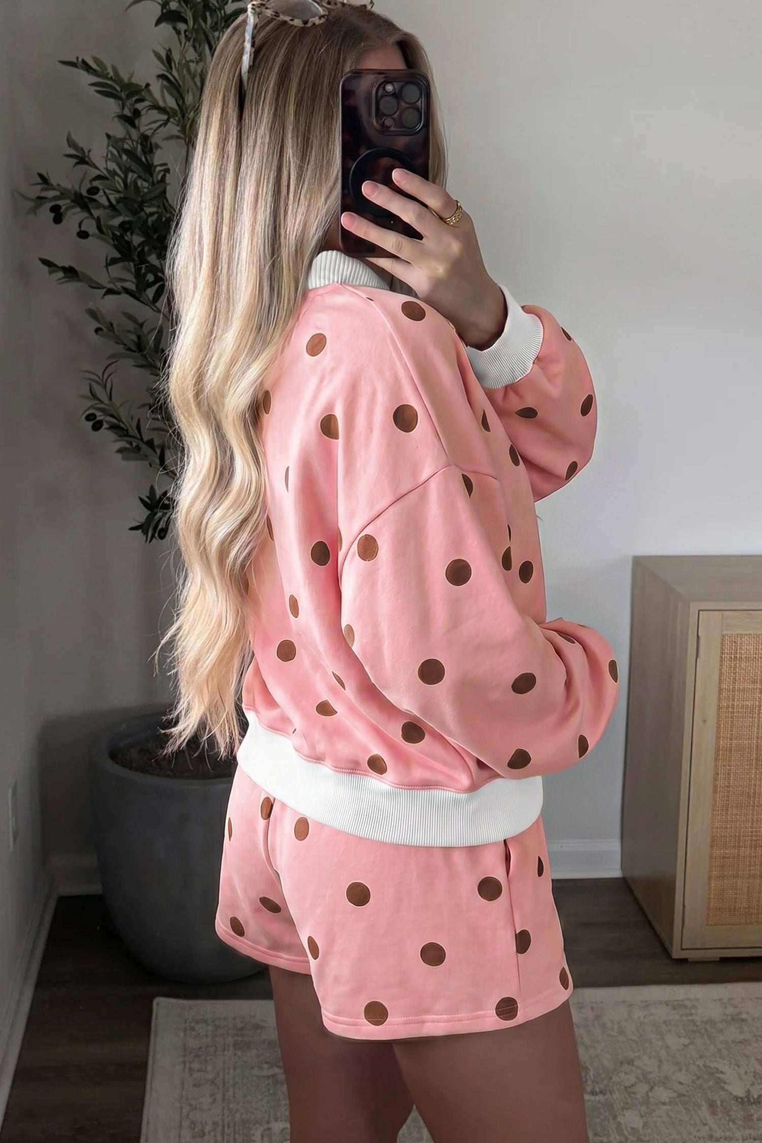 Polka Dot Ribbed Trim Long Sleeve Top Casual Short Set – Brown