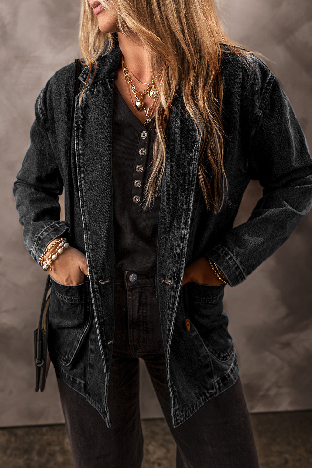 Black Side Pockets Lapel Collar Denim Jacket eAura
