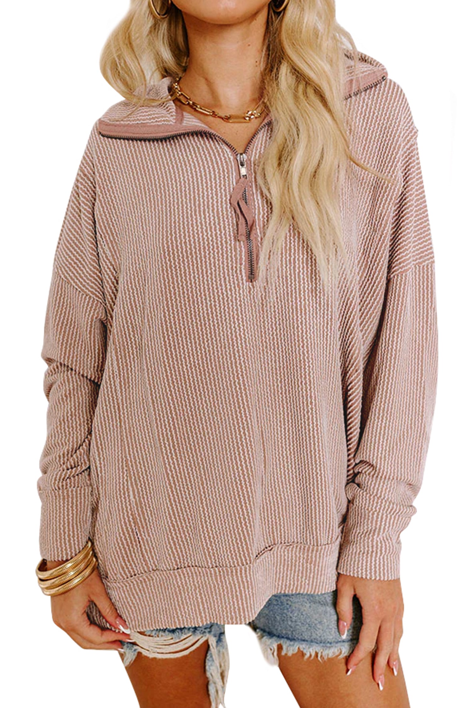 Oatmeal Twist Ribbed Zipper Collar Drop Shoulder Long Sleeve Top – Beige