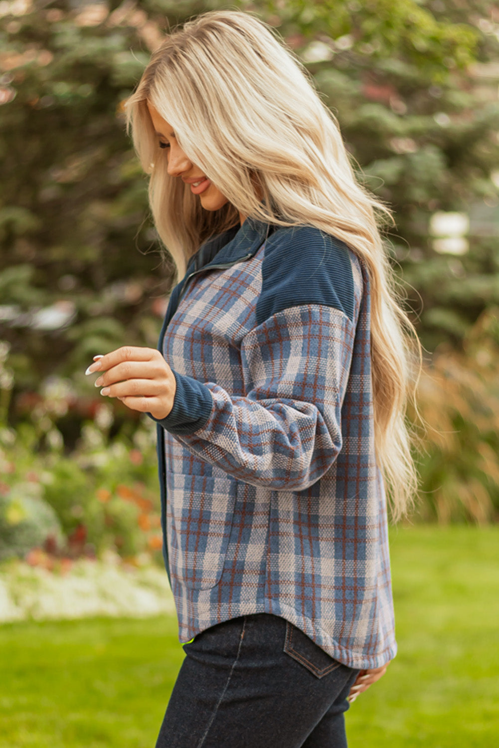 Plaid Soft Corduroy Patchwork Collared Zip-Up Snap Button Jacket - eAura