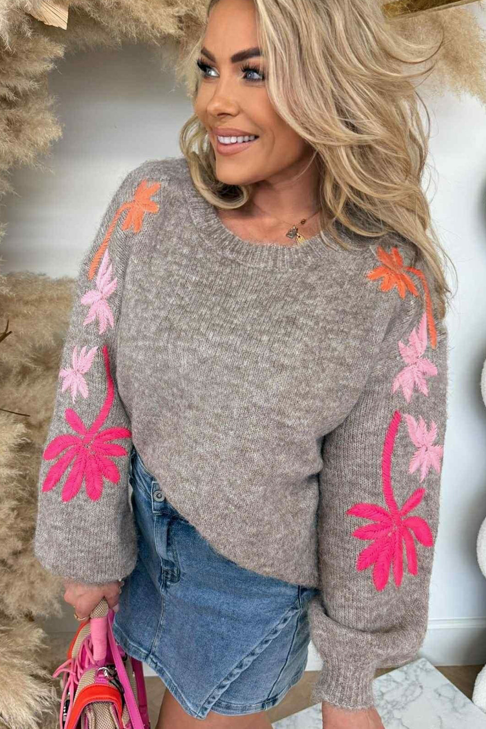 Embroidered Floral Sleeve Round Neck Loose Sweater eAura