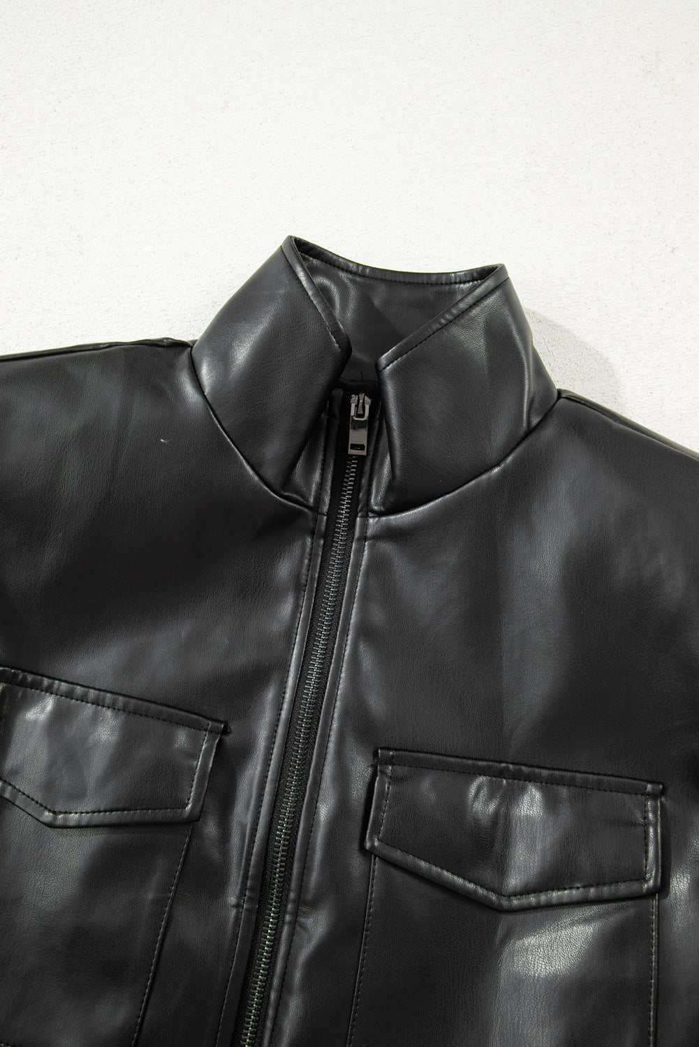 Black Double Flap Pocket Faux Leather Zip Up Stand Neck Vest eAura