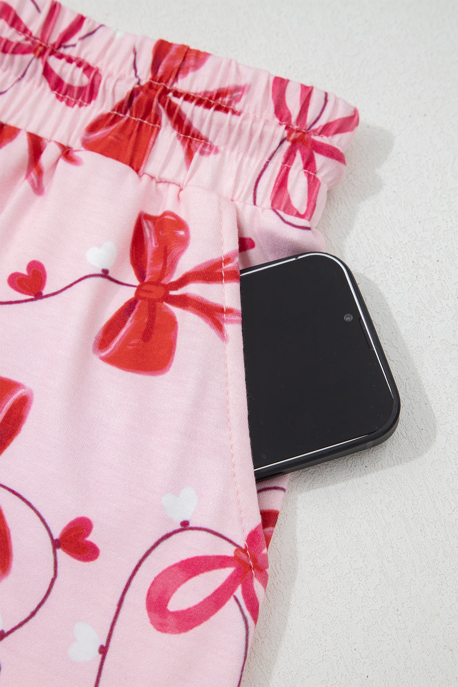 Romantic Bow Print Loose Tee Drawstring Shorts 2pcs Lounge Set – Red