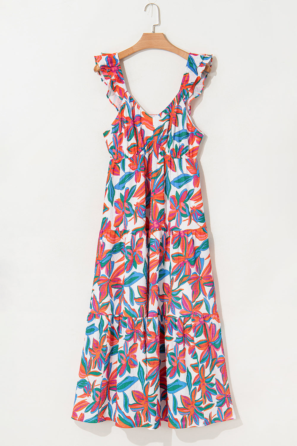 Red Boho Floral Ruffled Strap V Neck Maxi Dress - BB Fashion Outlet