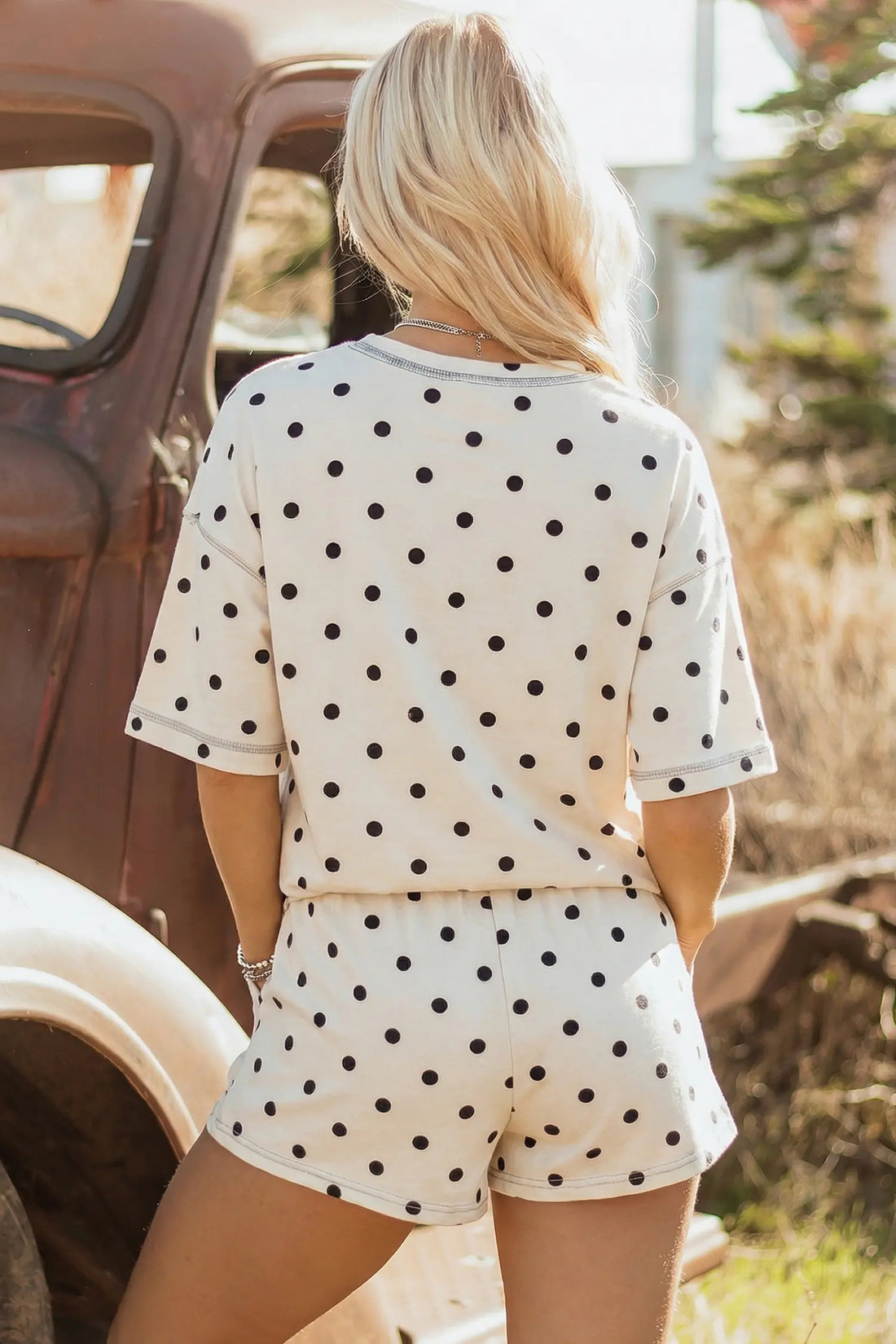Exposed Seam Detail Polka Dot Loose Tee Drawstring Shorts Set – White