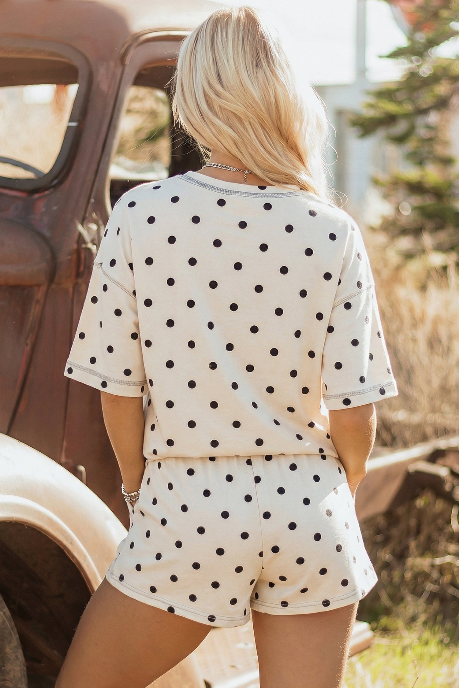 Exposed Seam Detail Polka Dot Loose Tee Drawstring Shorts Set – White