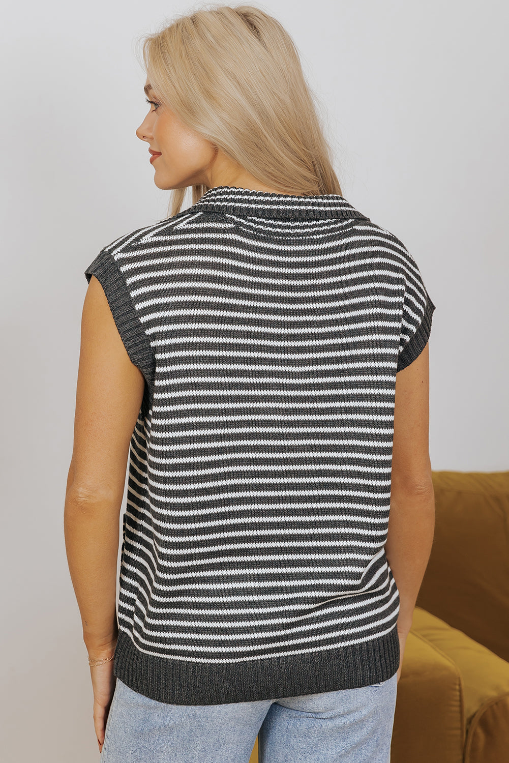 Grey Stripe Collared V Neck Sweater Vest with Pockets eAura