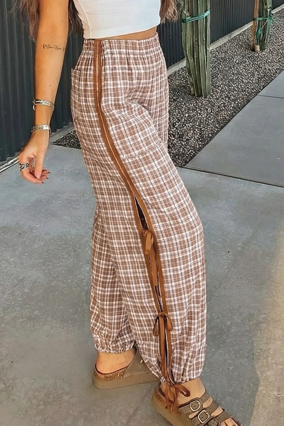 Plaid Print Elastic Waist Bow Tie Contrast Detail Bubble Trousers