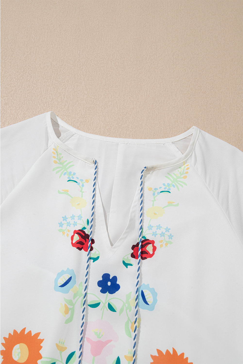 White Floral Print Boho Tassel Tie Split Neck Tucking Detail Puff Sleeve Mini Dress eAura