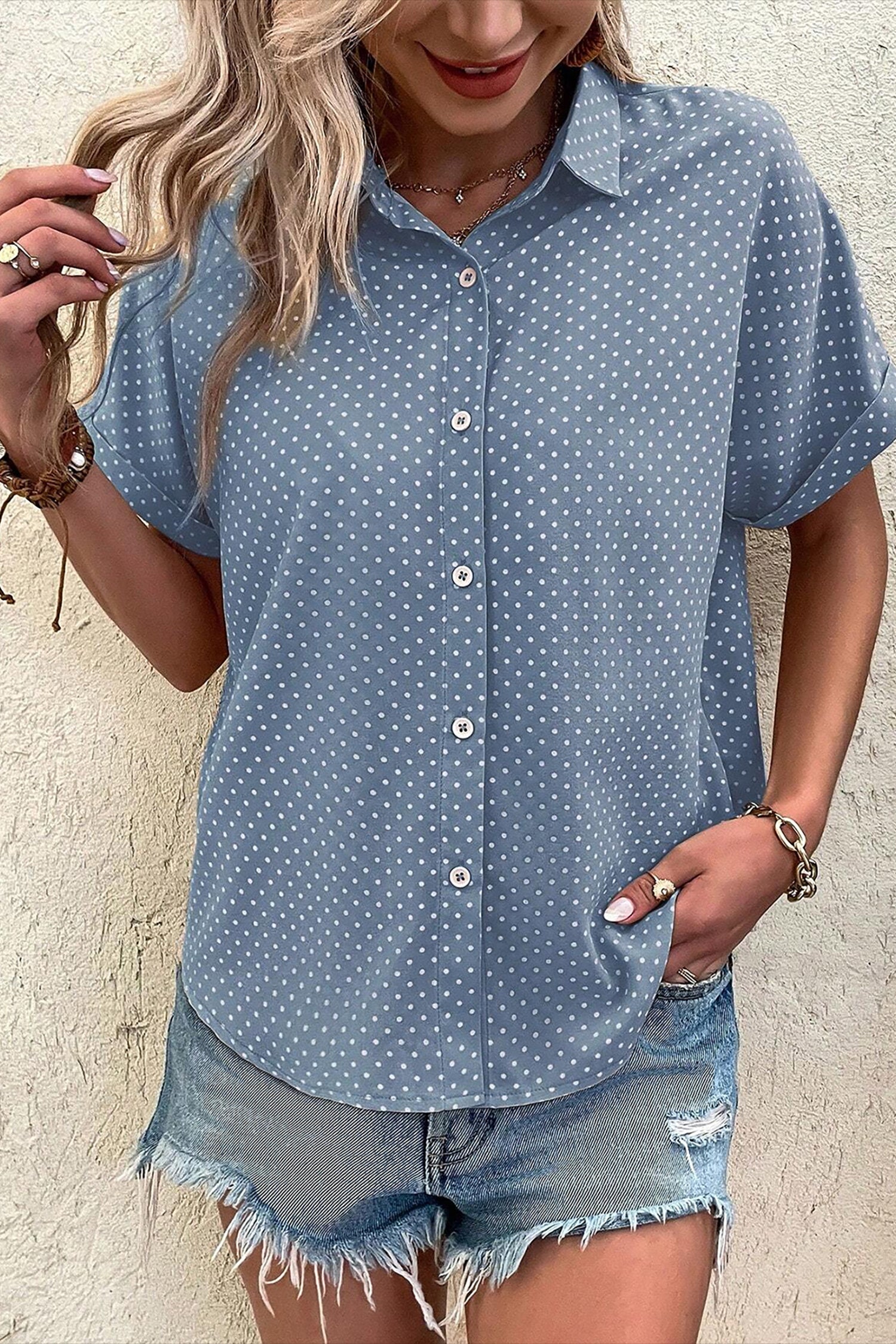 Dotted Print Cuffed Short Sleeve Shirt