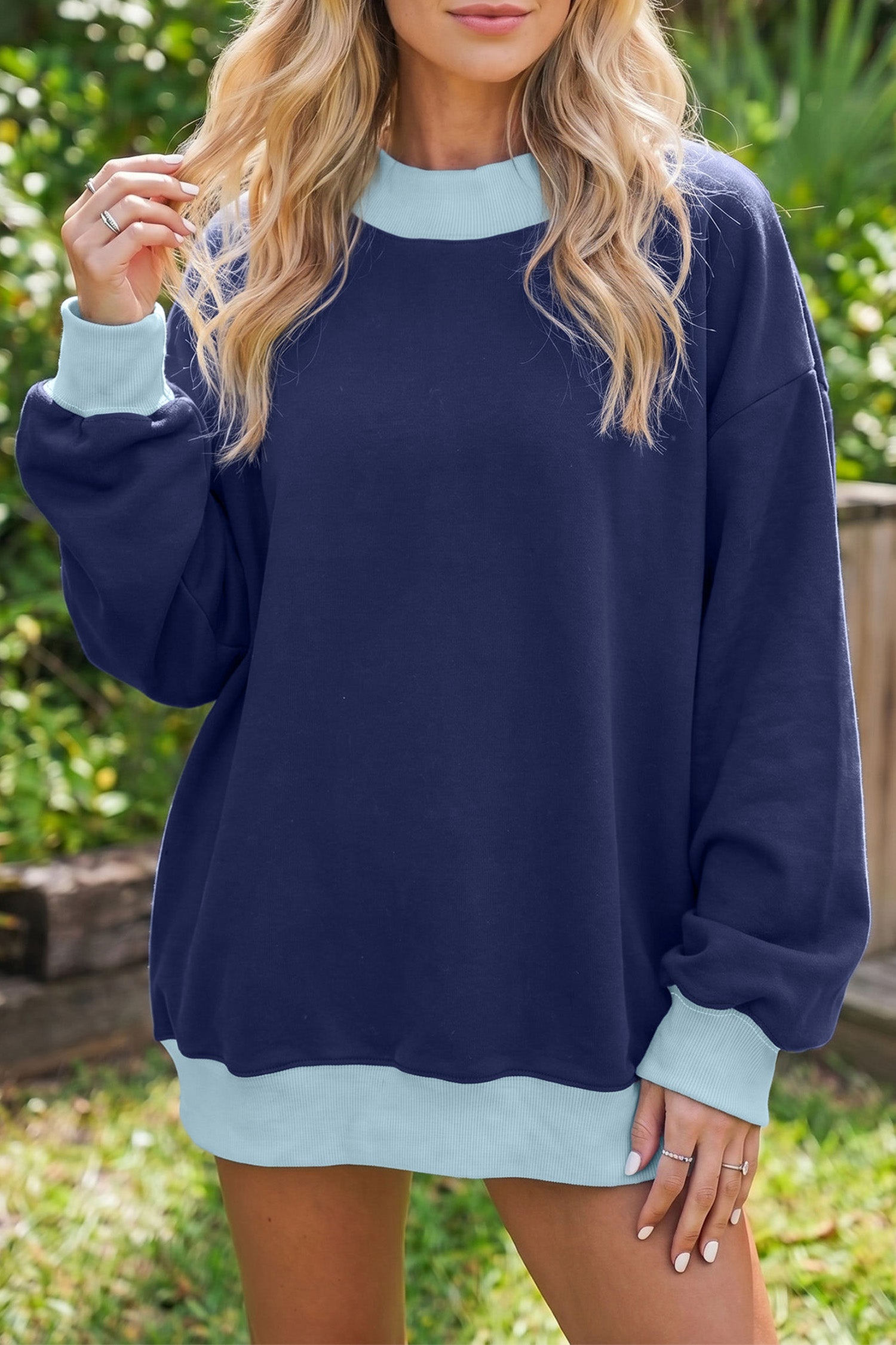 Colorblock Trim Crewneck Long Sleeve Pullover Sweatshirt – Pink