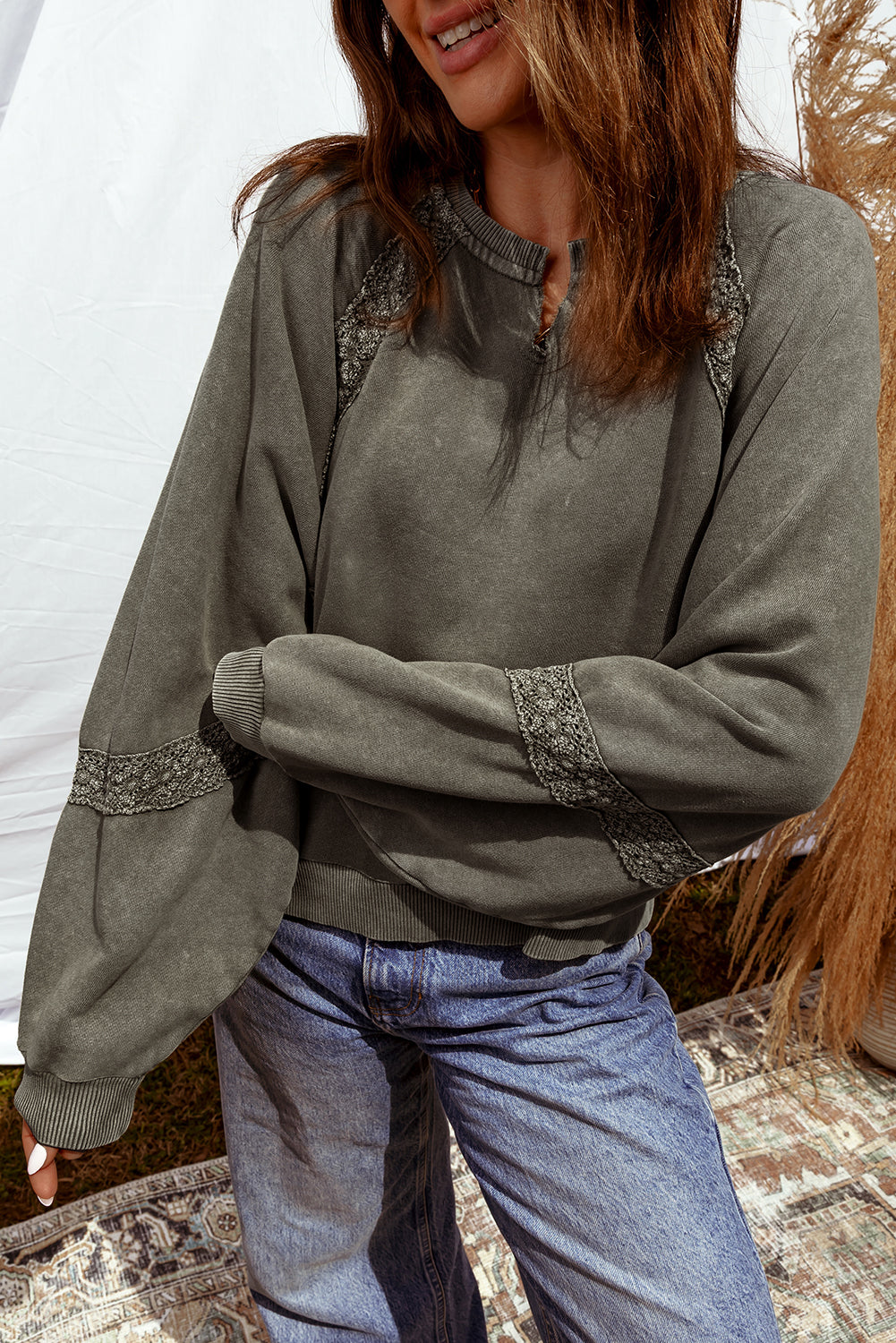 Lace Patchwork Detail Notched Neck Mineral Wash Baggy Sweatshirt - Green / S - Tops/Sweatshirts & Hoodies