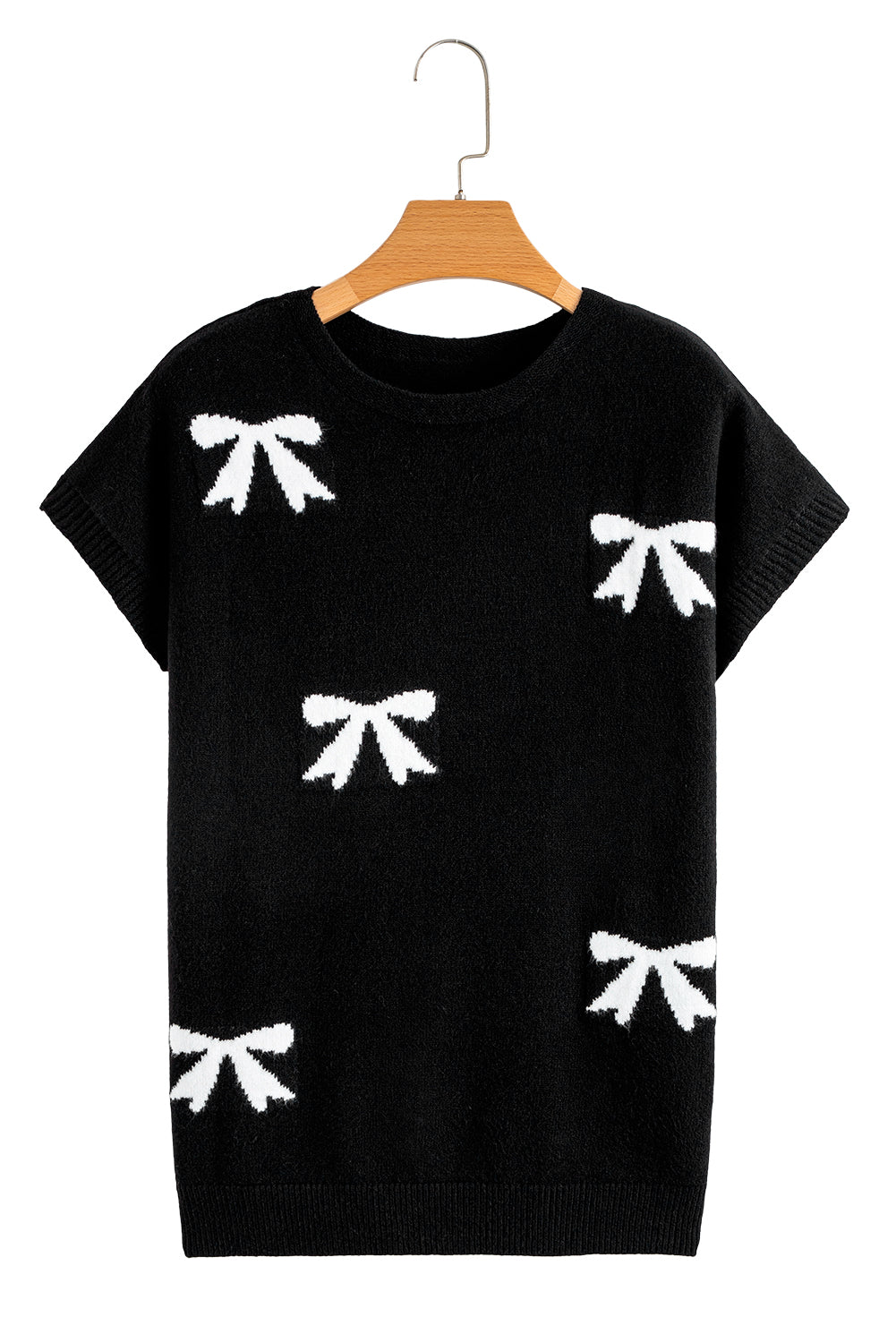 Bow Pattern Knit Short Sleeve Black Sweater eAura