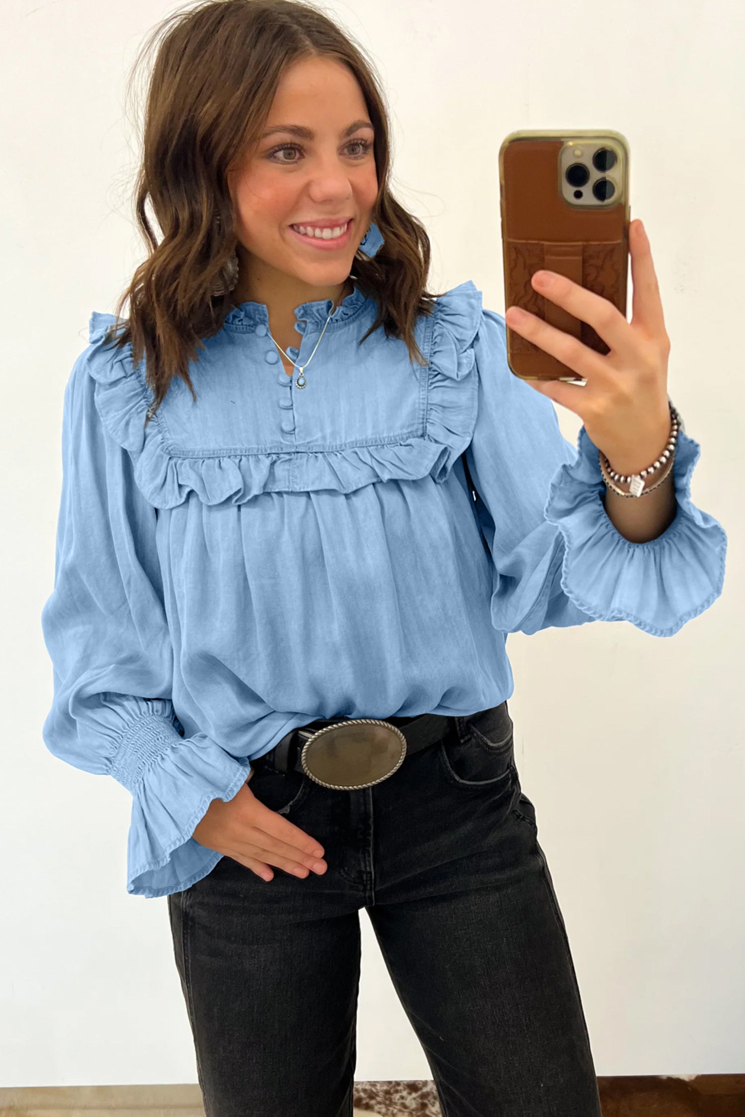 Beau Western Ruffle V Neck Long Sleeve Chambray Blouse – Blue