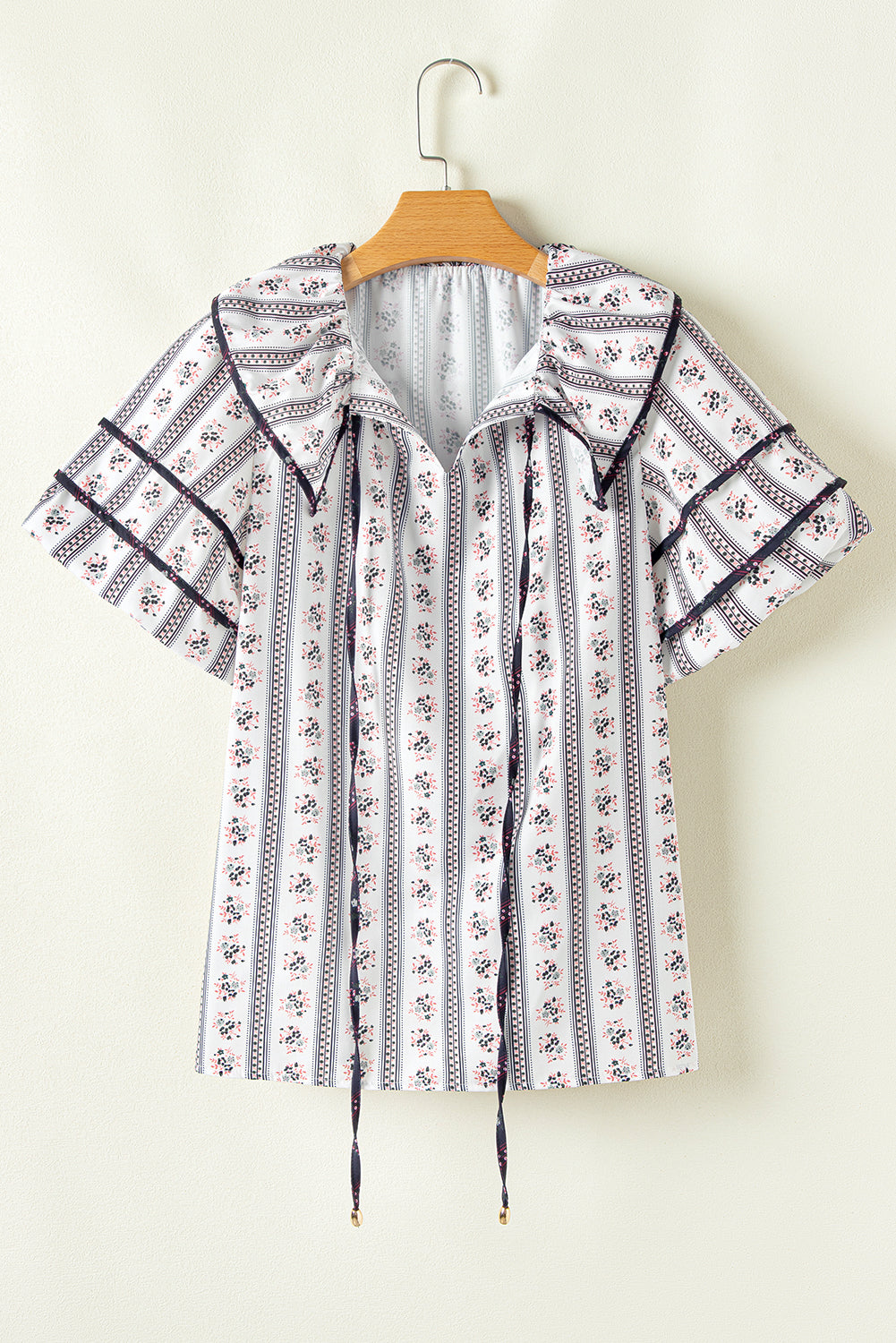 White Floral Ruffled Collar Short Puff Sleeve Printed Blouse eAura
