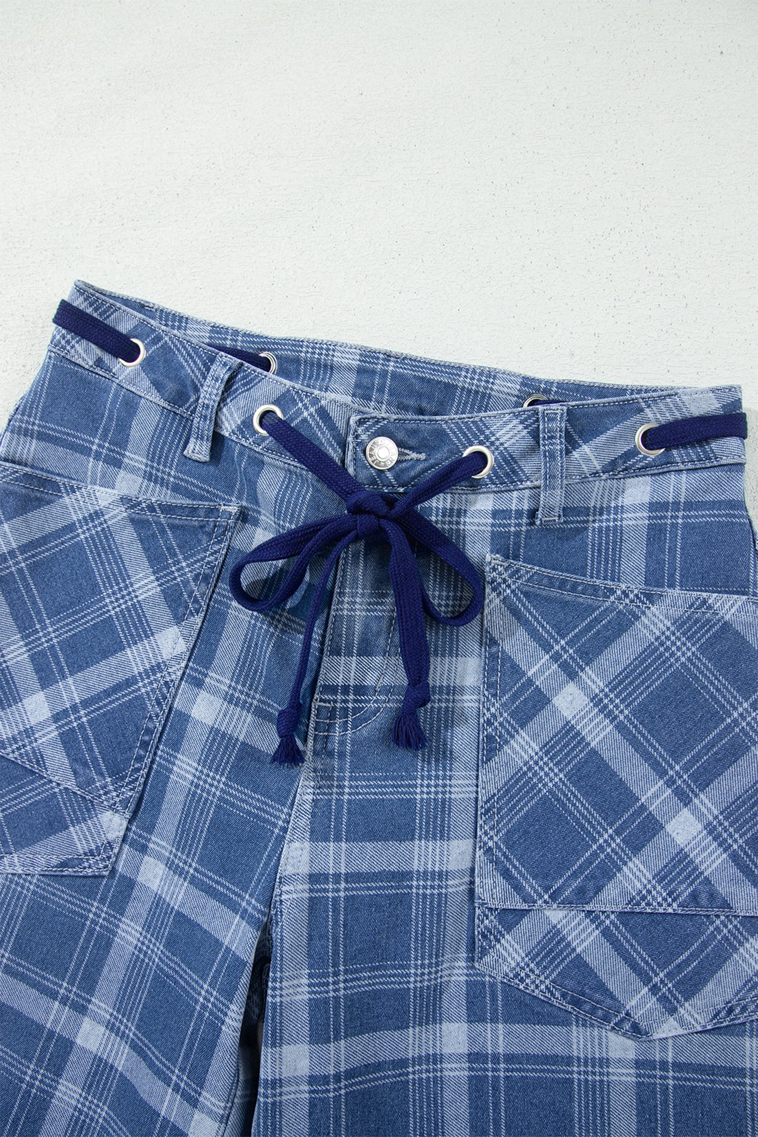Sky Blue Plaid Denim Grommet Drawstring Waist Ankle-Length Jeans – Light Blue