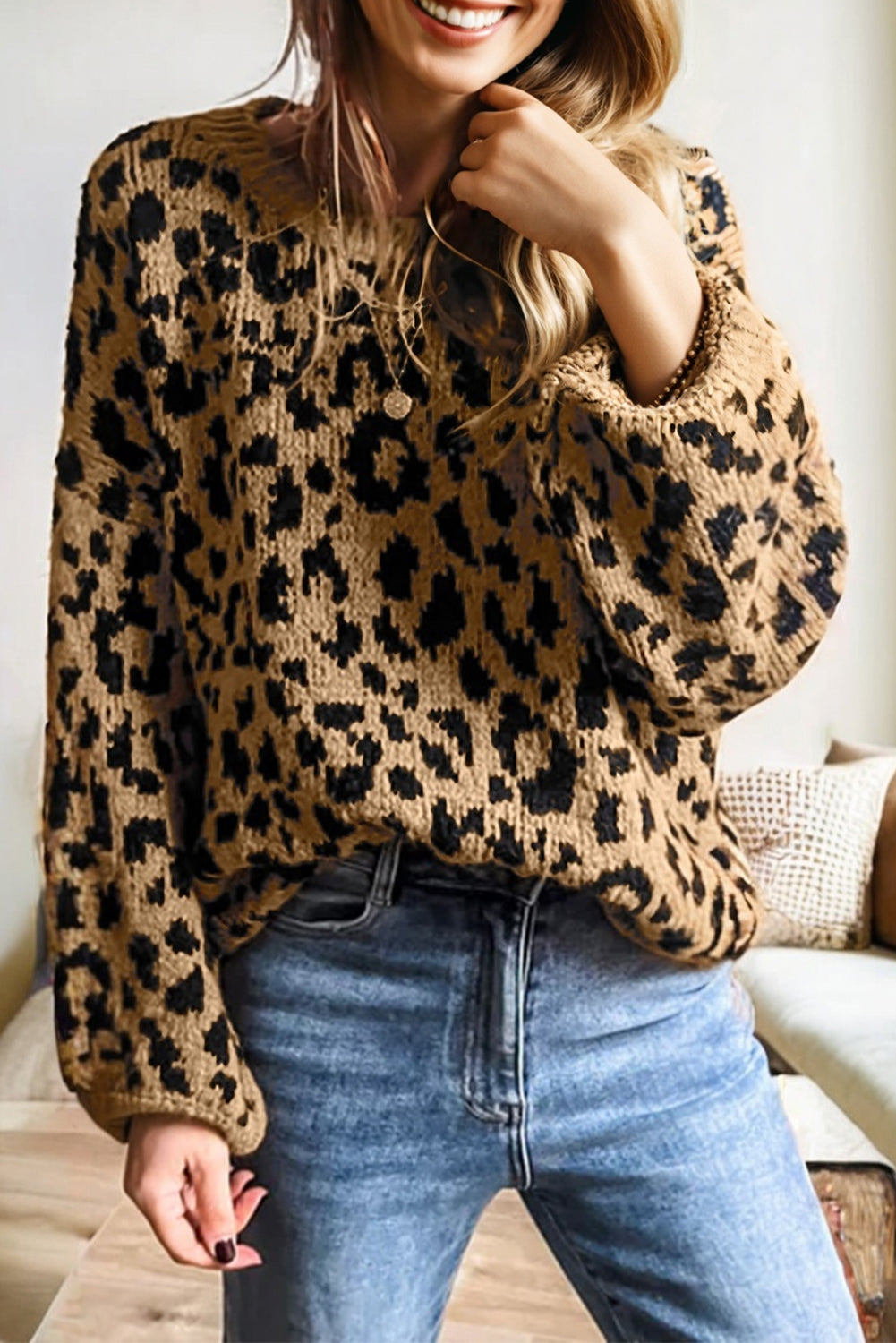 Beige Ribbed Trim Round Neck Leopard Drop Shoulder Sweater - eAura