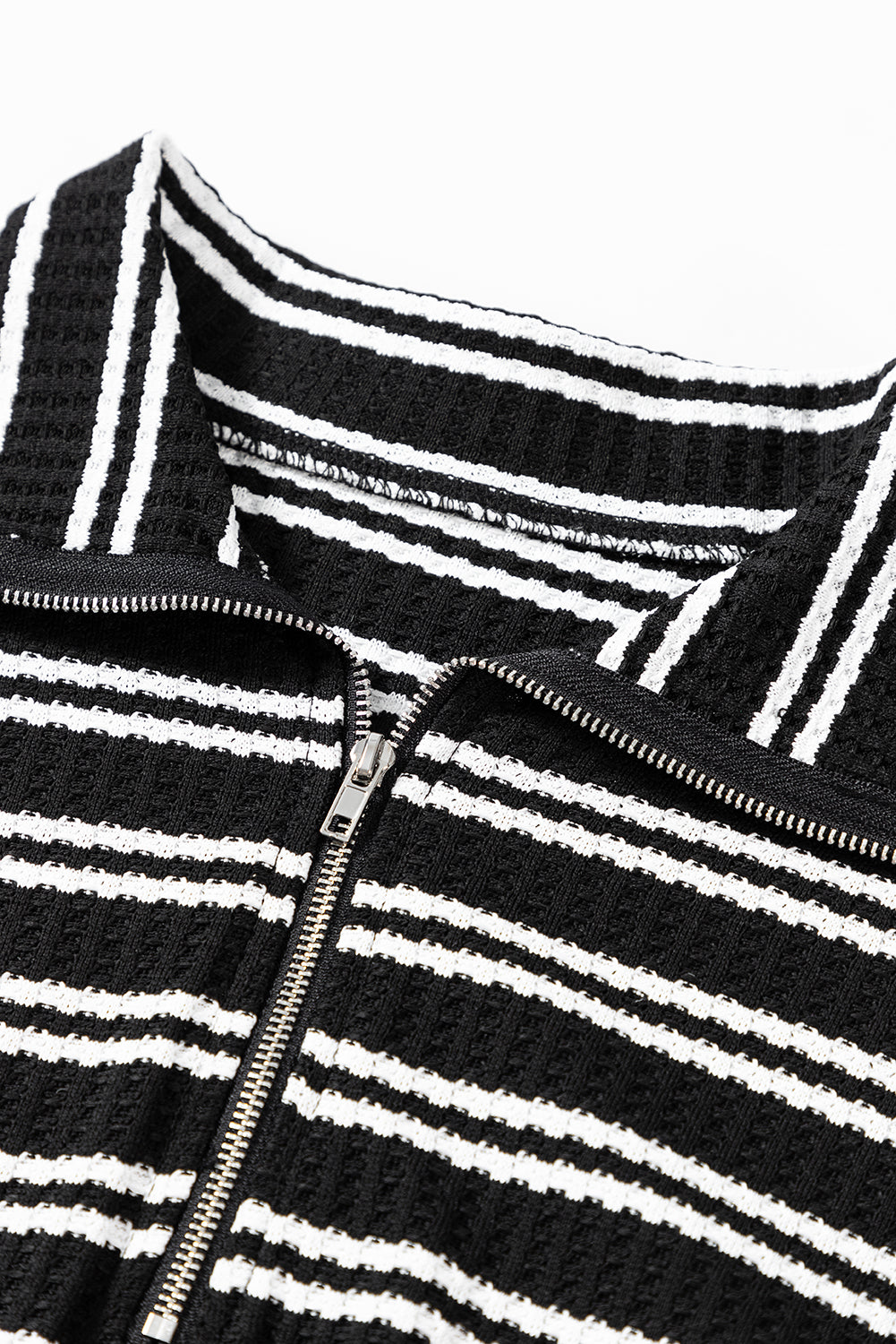Black Stripe Textured Quarter Zip Collar Long Sleeve Top Beagle Boutique Fashion Outlet
