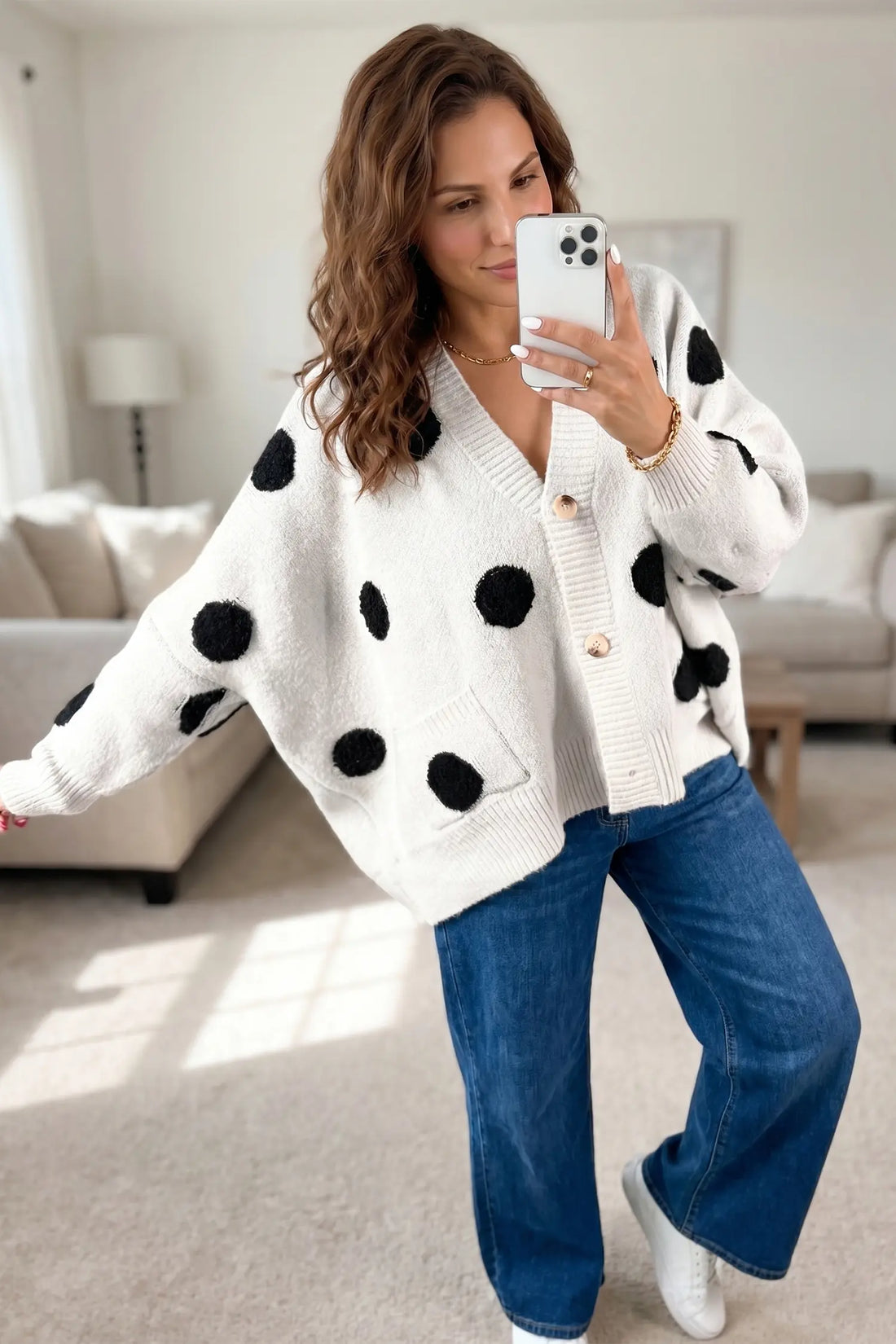 Polka Dot Button Front Oversized V Neck Cardigan – Beige