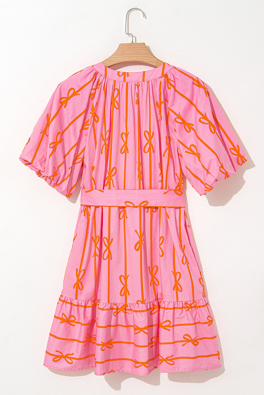 Pink Bowknot Striped Printed Bubble Sleeve Buttoned Belted Mini Dress eAura