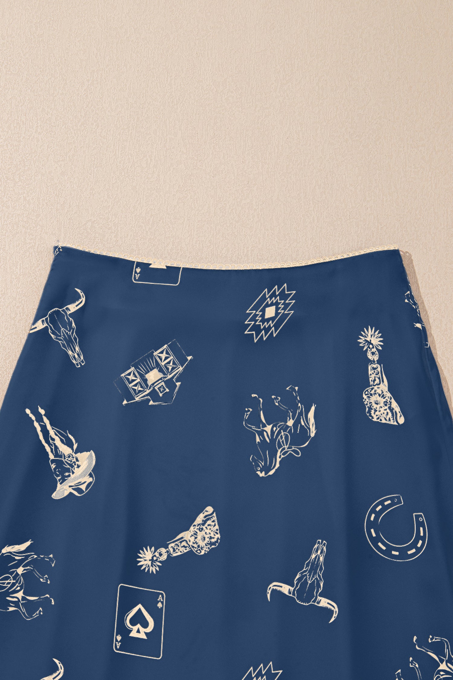 Navy Blue Western Print Satin Maxi Skirt