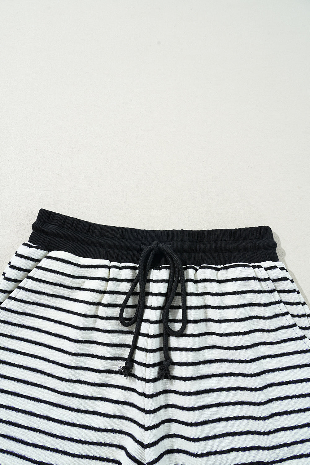 Black Stripe Collared Long Sleeve Top and Drawstring Shorts Set eAura