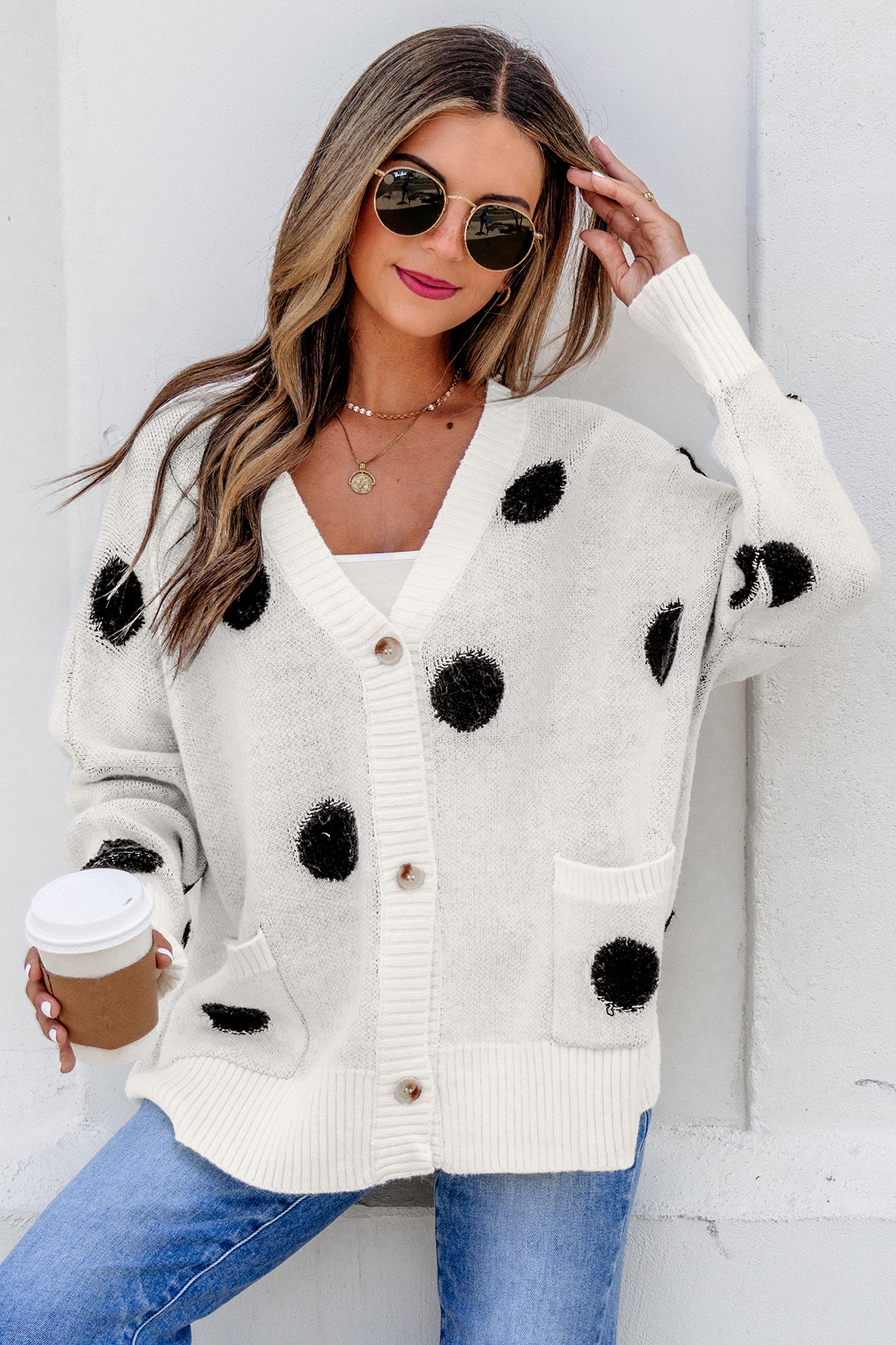 Polka Dot Button Front Oversized V Neck Cardigan – Beige