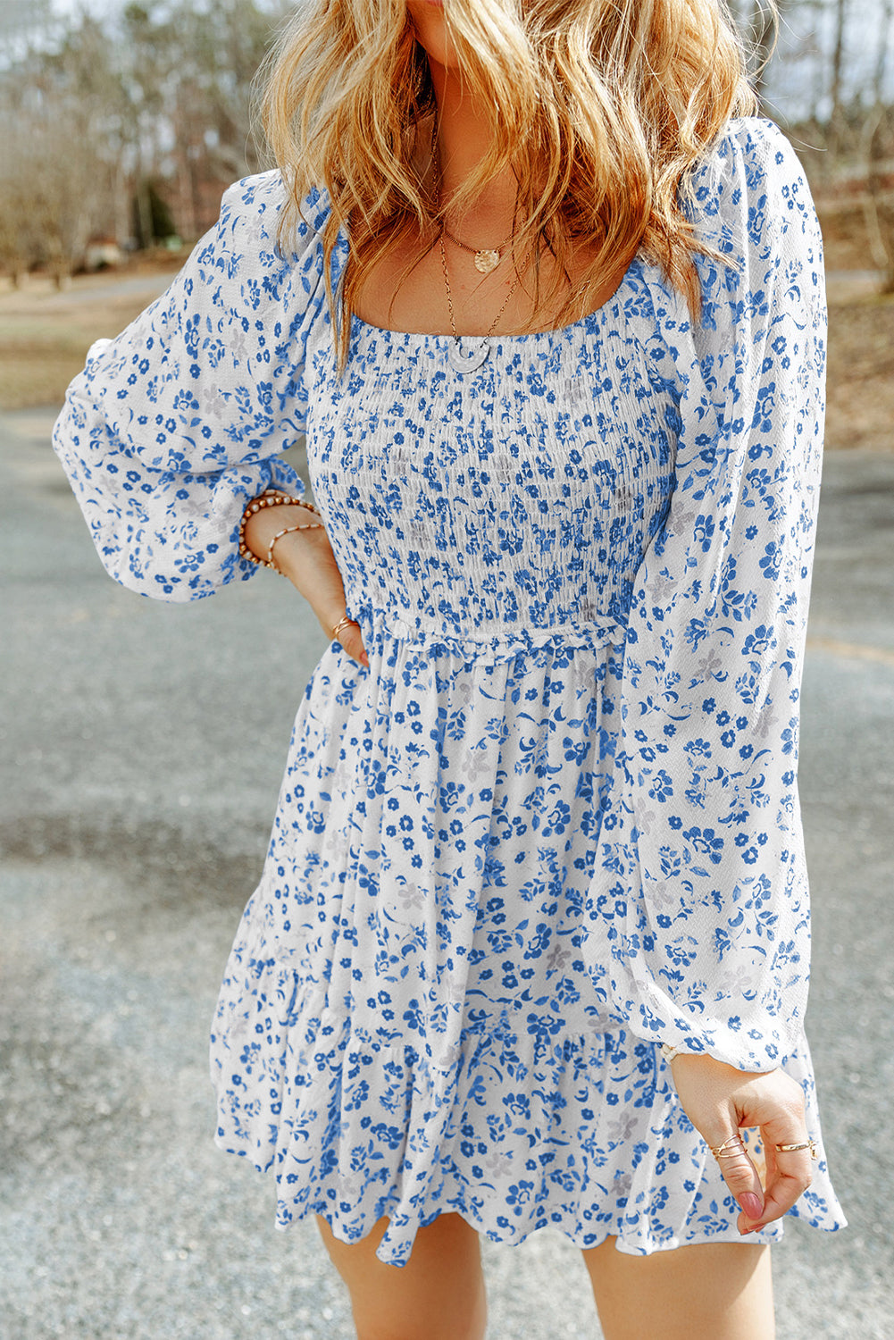 Pear Green Boho Floral Smocked Puff Sleeve Mini Dress eAura