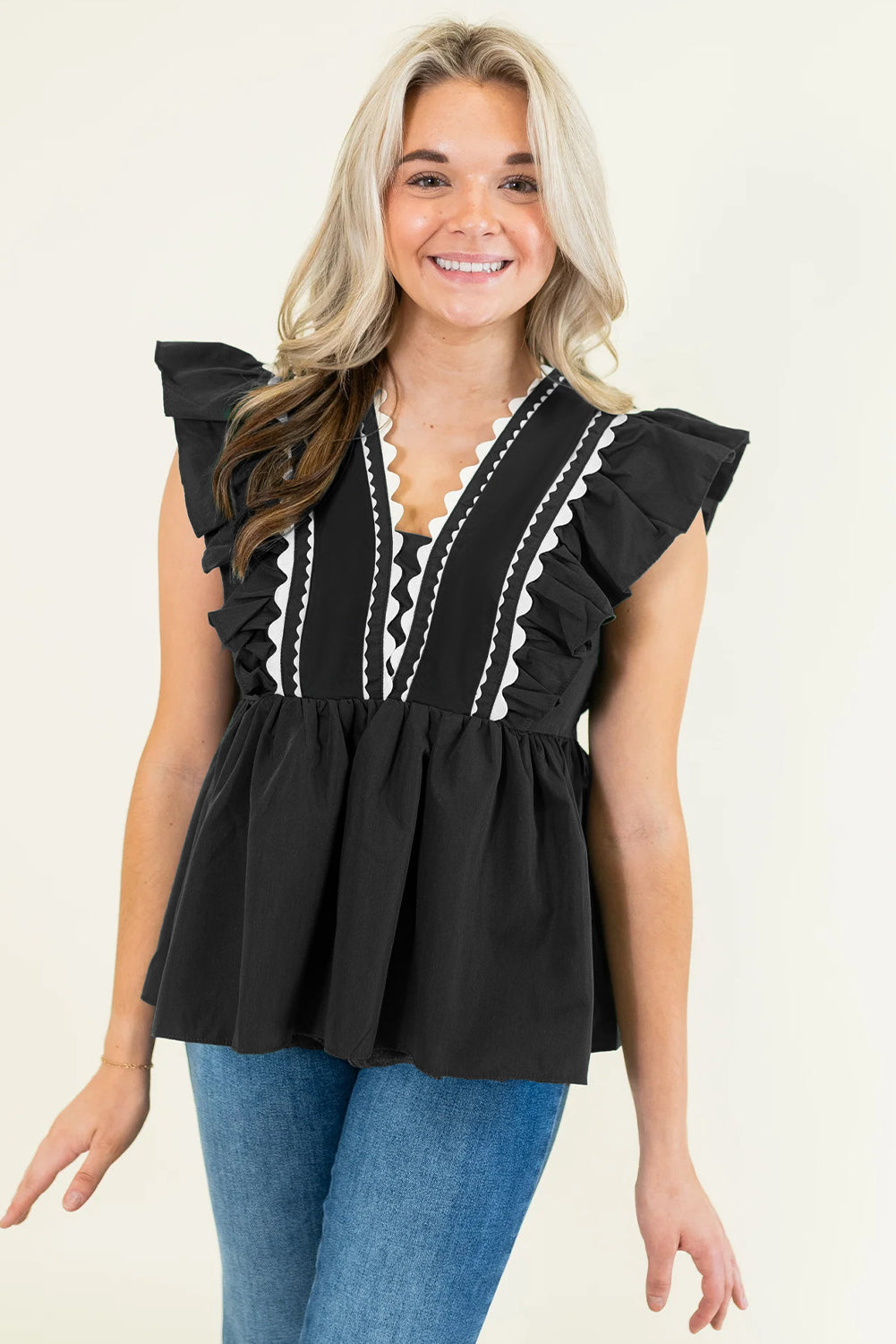 Black Contrast Ricrac Trim Ruffled V Neck Peplum Top eAura
