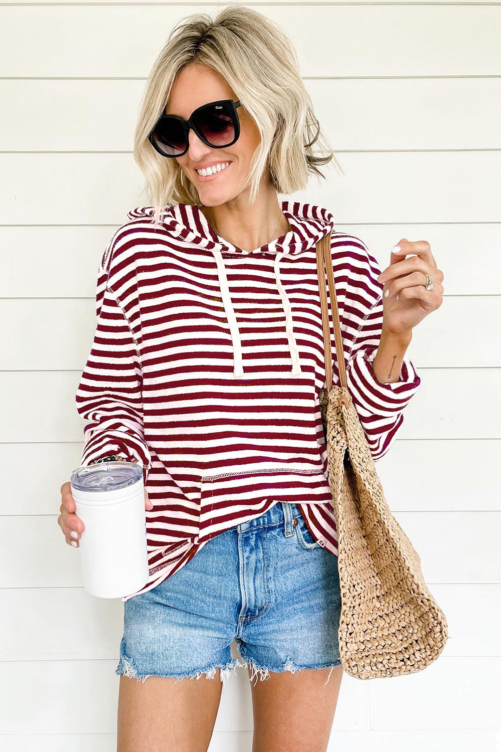 Stripe Kangaroo Pocket Drawstring Hoodie eAura
