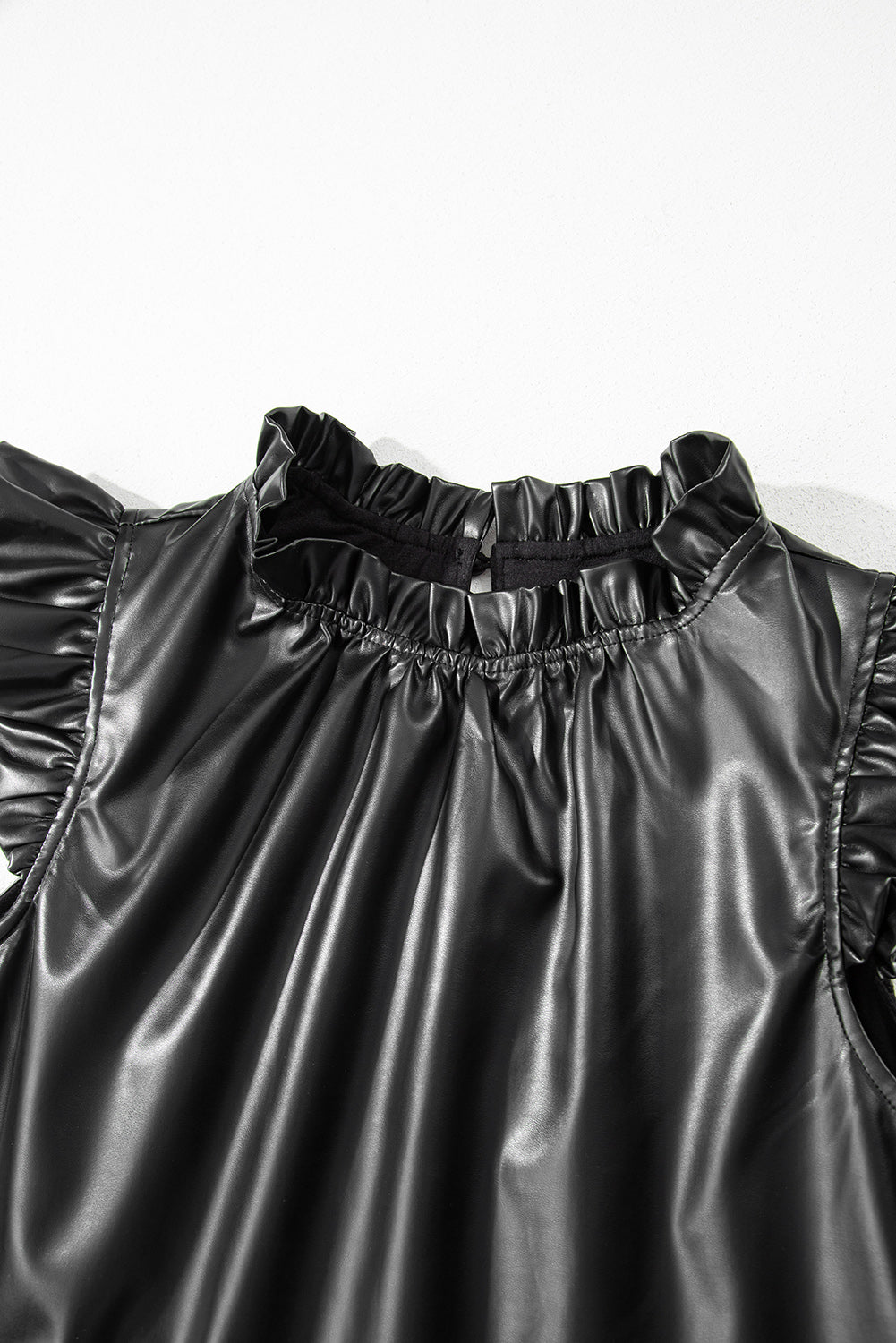 Black PU Leather Frilly Ruffle Trim Blouse eAura