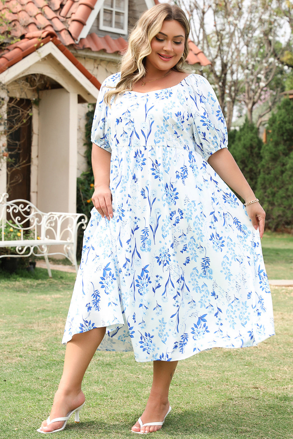 Sky Blue Floral Print Sweetheart Neck Plus Size Midi Dress BB Fashion Outlet