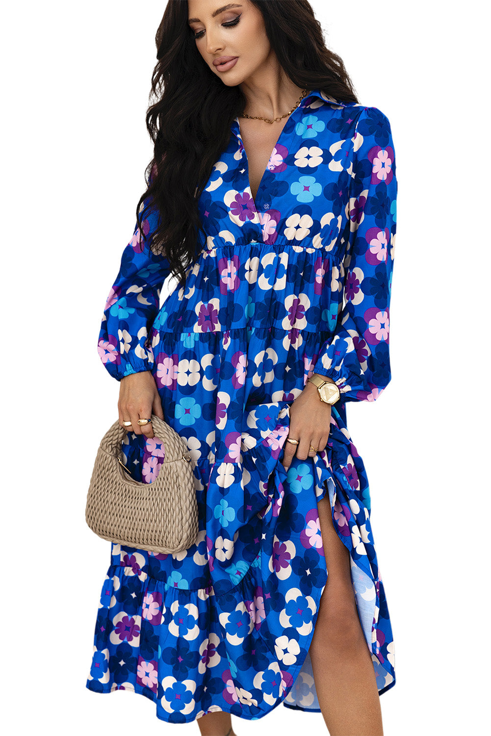 Blue Floral Peasant Sleeve Tiered Ruffle Midi Dress eAura