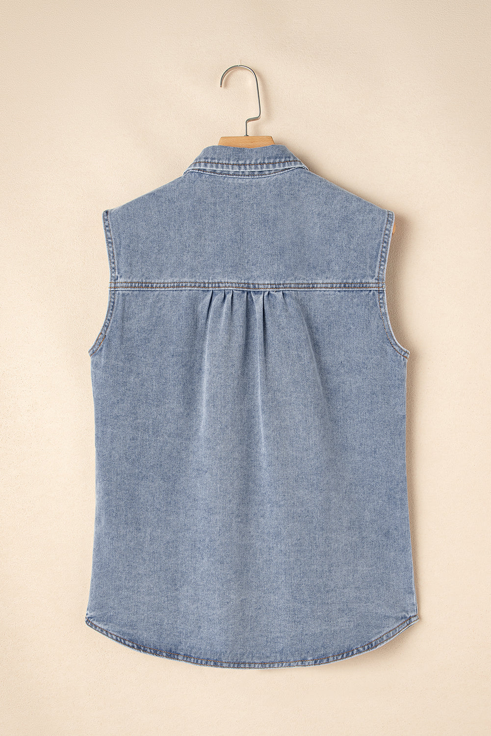 Beau Blue Denim Flap Pocket Curved Hem Shirt Vest - eAura