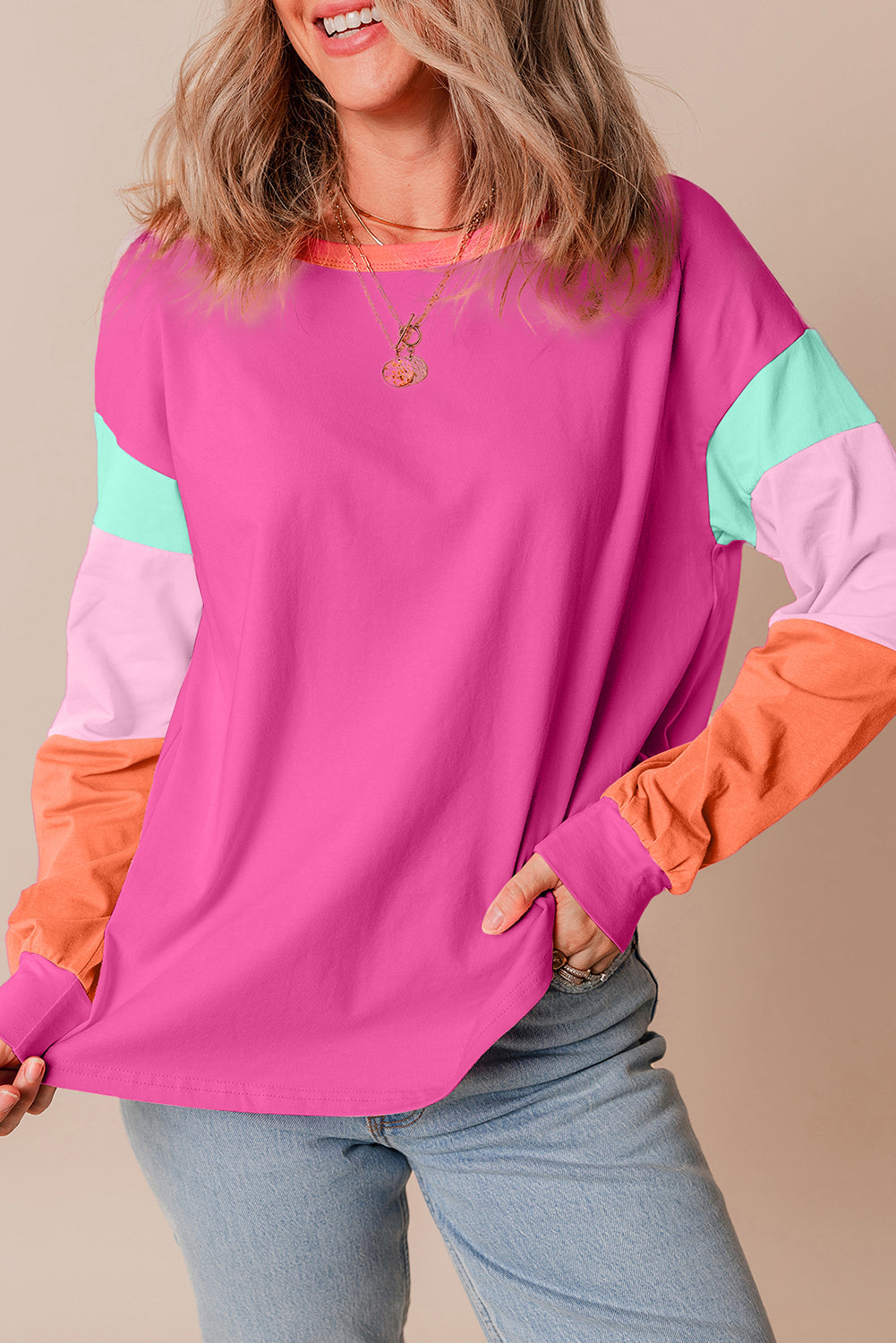 Dark Blue Colourblock Patchwork Long Sleeve Loose Top eAura