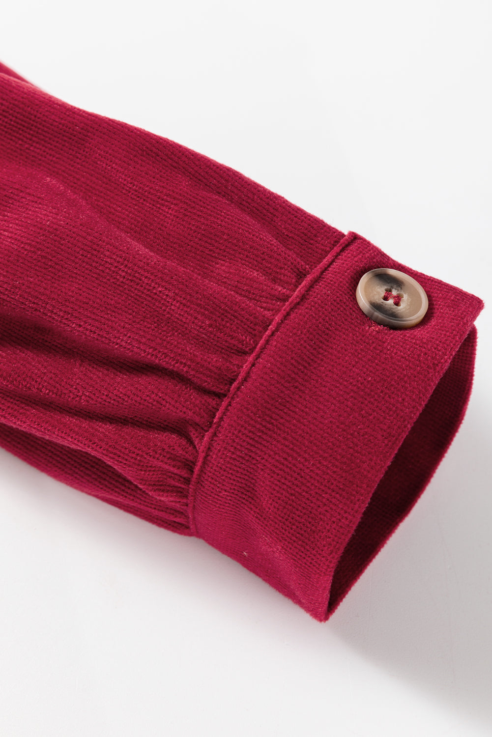 Burgundy Corduroy Ruffle Tiered Buttoned O Neck Shirt eAura