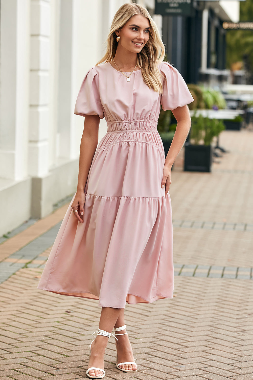 Pink Puff Sleeve Pleated High Waist Flowy Long Dress eAura