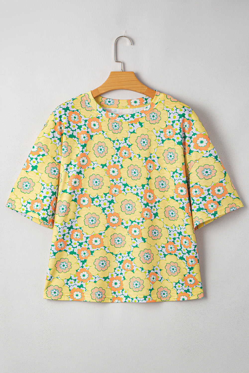 Yellow Summer Flower Printed Drop Shoulder Loose T Shirt eAura