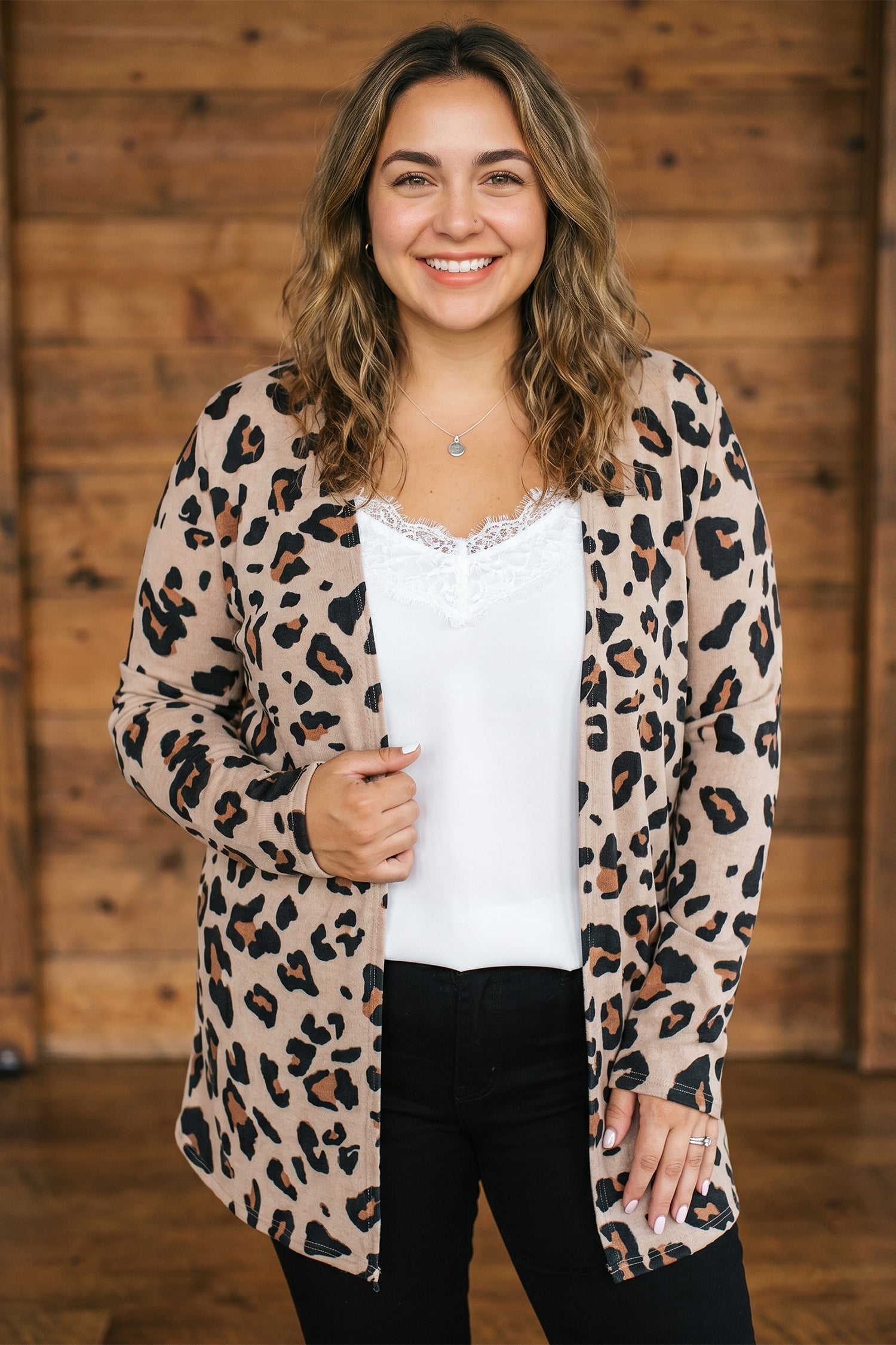 Leopard Print Long Sleeve V Neck Tunic Plus Size Cardigan – Khaki